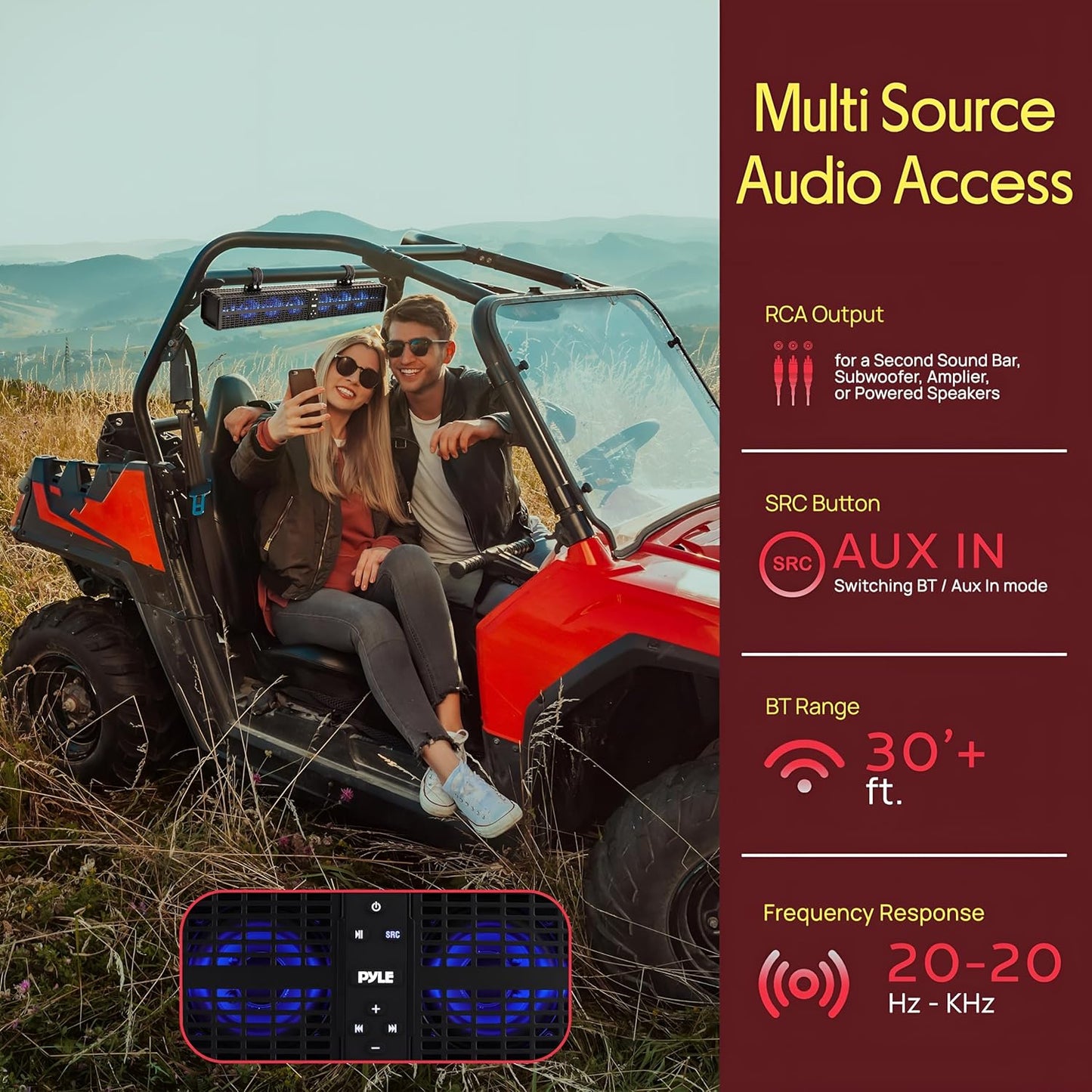 Pyle 32" Powered ATV/UTV Soundbar System, 200W Bluetooth Speakers with Built-in Amplifier, Waterproof and Weatherproof, Wireless BT Streaming and Auxiliary Input, LED Lights