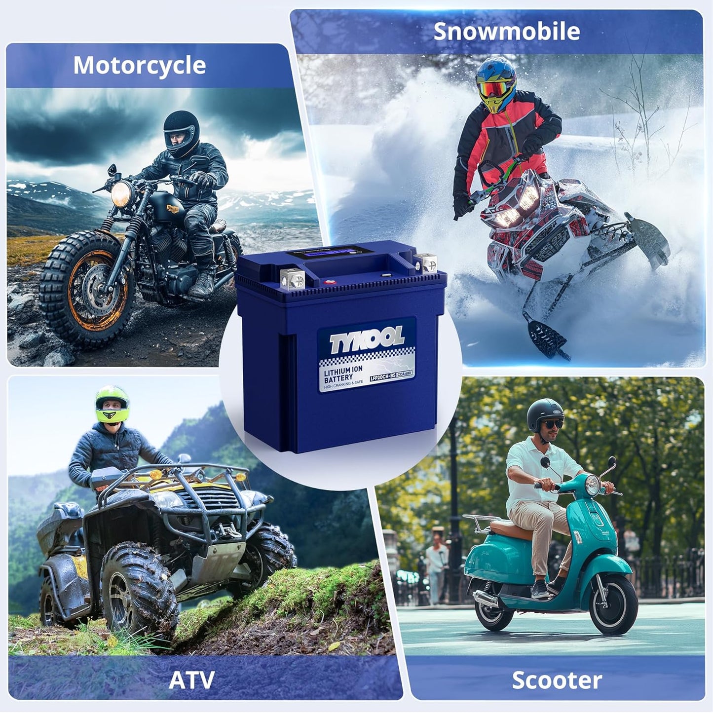 TYKOOL YTX20CH-BS Lithium LiFePO4 Motorcycle Battery, 12V 8Ah, 480CCA, Built in BMS, Powersports Battery,for ATV,UTV,Jet Skis, Snowmobiles, Scooters